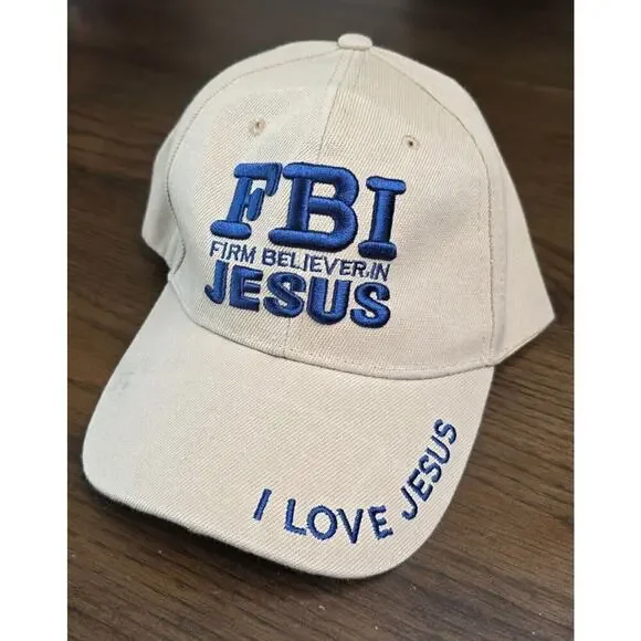 FBI Firm Believer In Jesus Beige Adjustable Baseball Cap Embroidered I Love Jesu - Picture 3 of 9